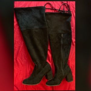 Thigh high black velvet boots. Wide calf/thigh.